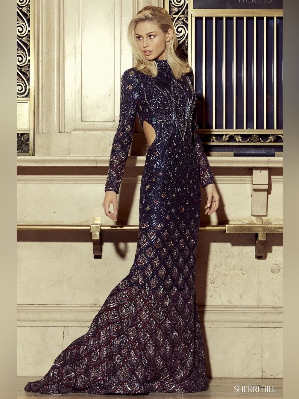 Sherri hill 53133 Navy-Multi size 0 NWT